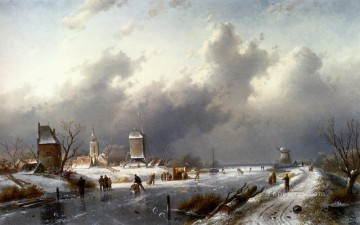 スケーターの風景のある凍った冬の風景 チャールズ・ライカート Oil Paintings